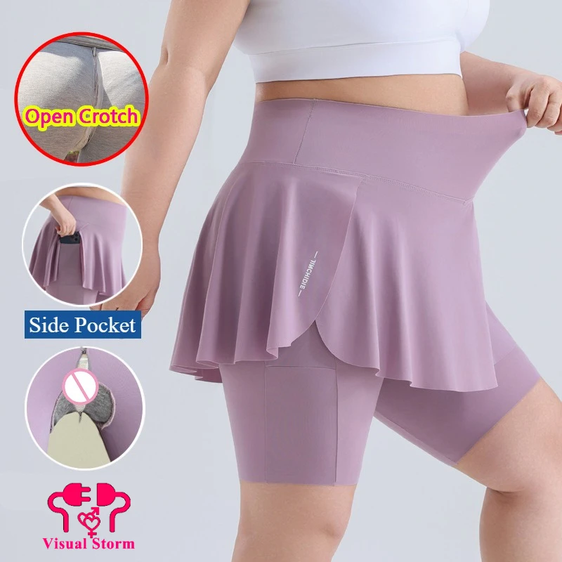 Woman Large Size Open Crotch Pants with hidden Zippers Crotchless Panties Elastic Waist Skinny Big Ass Shorts Leggings Underwear