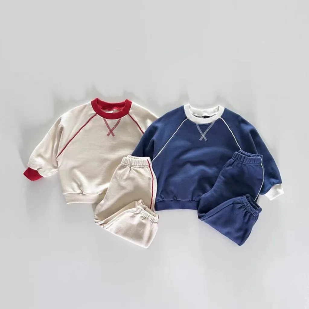 Baby Clothes Set Boys and Girls 2024 Spring Autumn New All Match Hoodie Patchwork Color Fashionable Kids Simple Hoodie Set