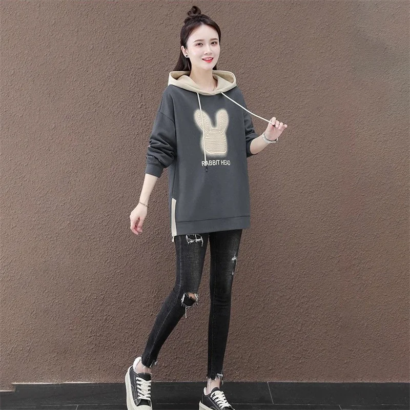 Spring Autumn Mid-Long Casual Hoodie 2024 New Drawstring Hooded Women's Clothes Top Fashion Printing Pullover Hoody Female