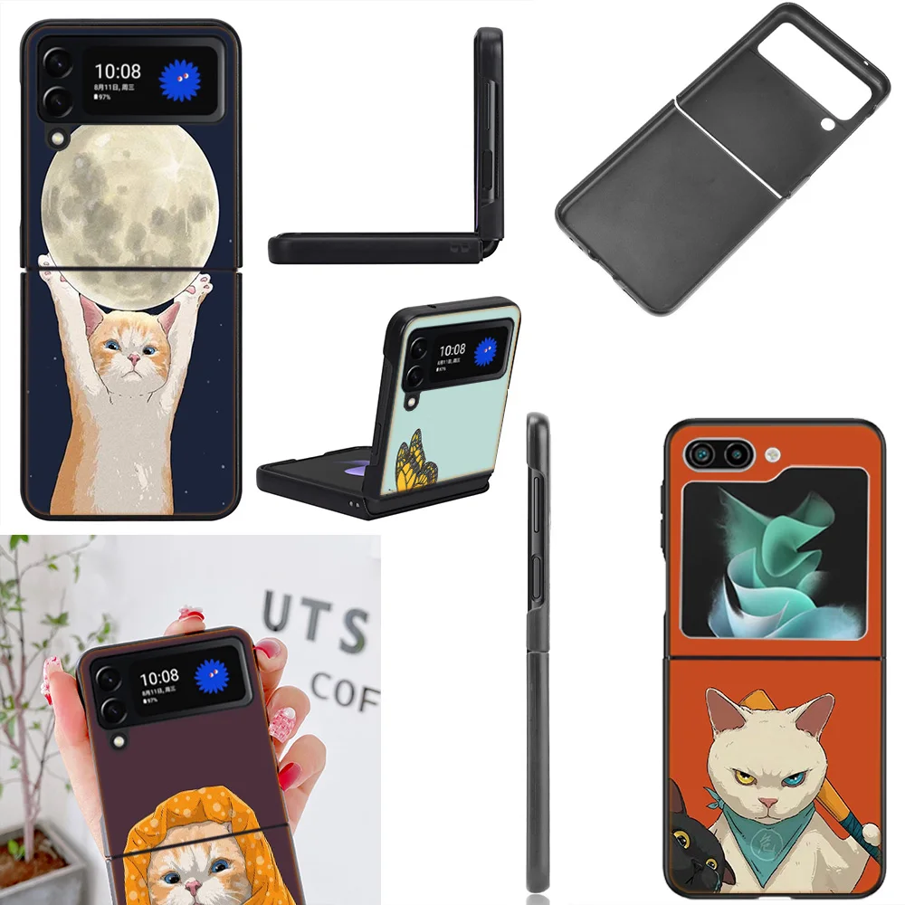 

Чехол с мультяшными кошками для Samsung Galaxy Z Flip 5 3 4 5G Flip4 Flip5 Zflip3, черный жесткий защитный чехол для телефона из ПК