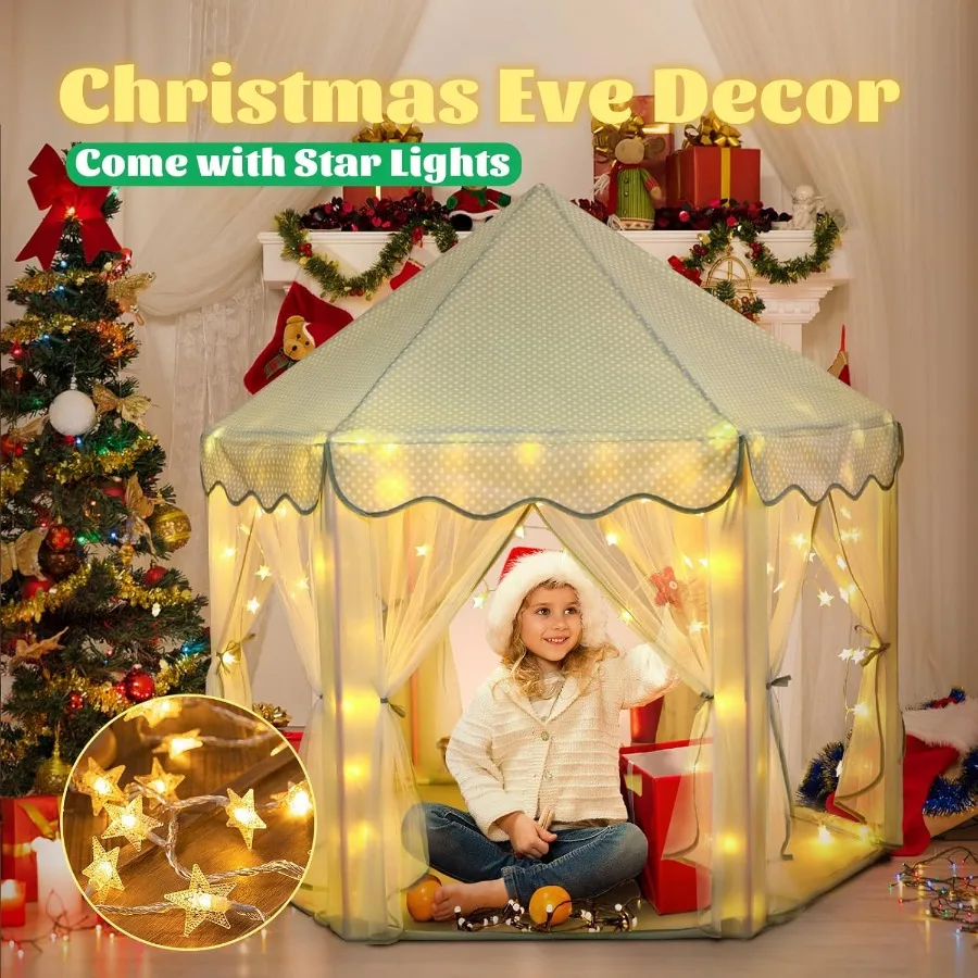 Blauwe zeshoek prinses kasteeltent voor meisjes met sprookjessterverlichting binnen buiten speelhuisje speelgoed voor peuters groen thema