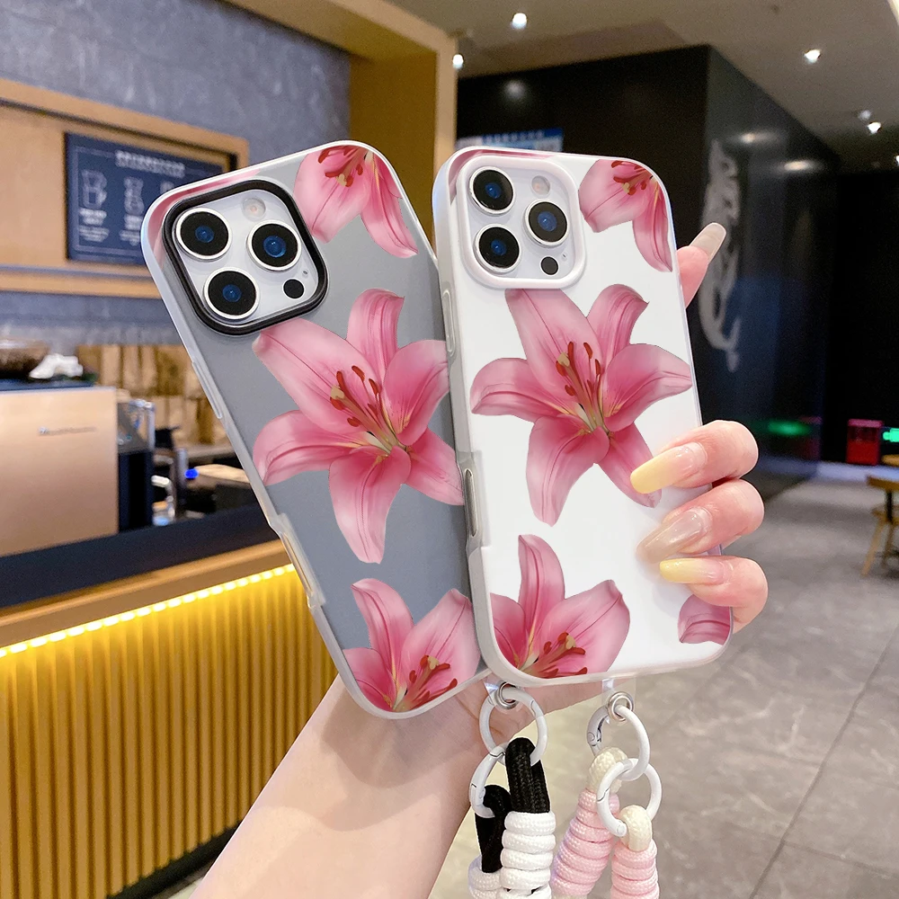 Pink Lily Flower Wrist Strap TPU Phone Case For iPhone 17 11 13 12 14 15 16 Pro Max XS XR 7 8 Plus 17 Air With Lanyard INS Cover view 6