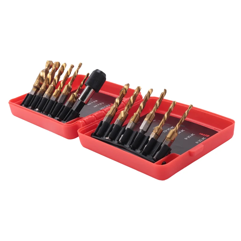 

A20F-Titanium Combination Drill Tap Bit Set 13PCS SAE And Metric Tap Bits Kit For Screw Thread Drilling Tapping Deburring