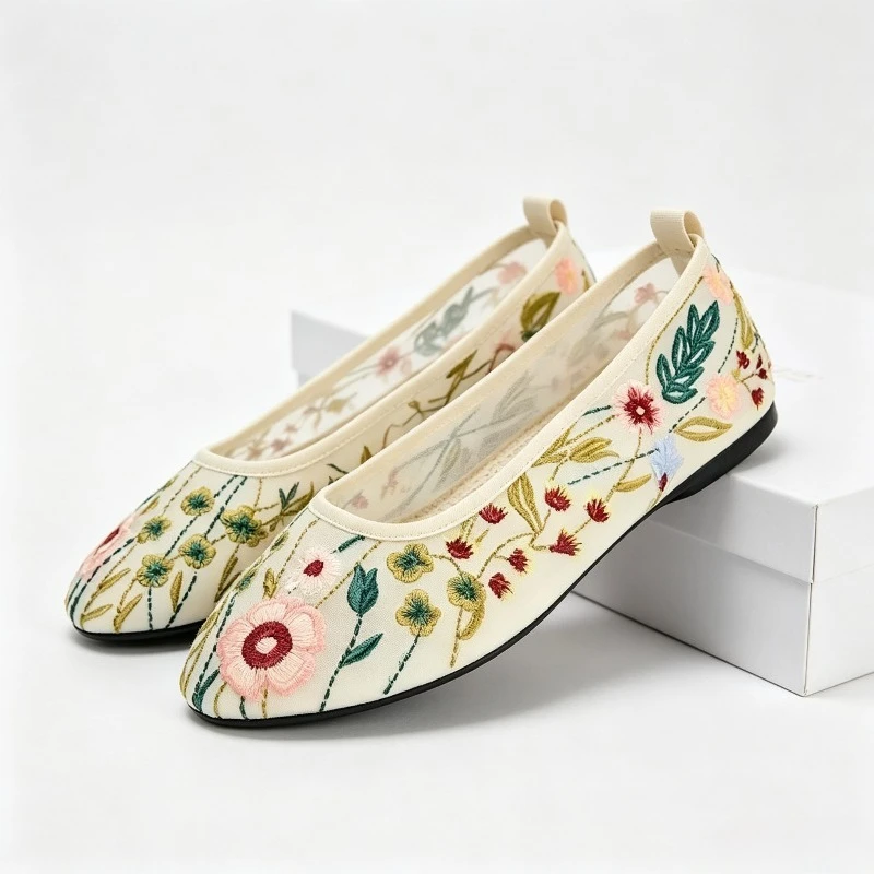 Round Toe Mesh Ballet Flats Shoes Women Embroidery Flower Mary Jane Shoes Shallow Soft Sole Fashion Brand Dress Shoes Women