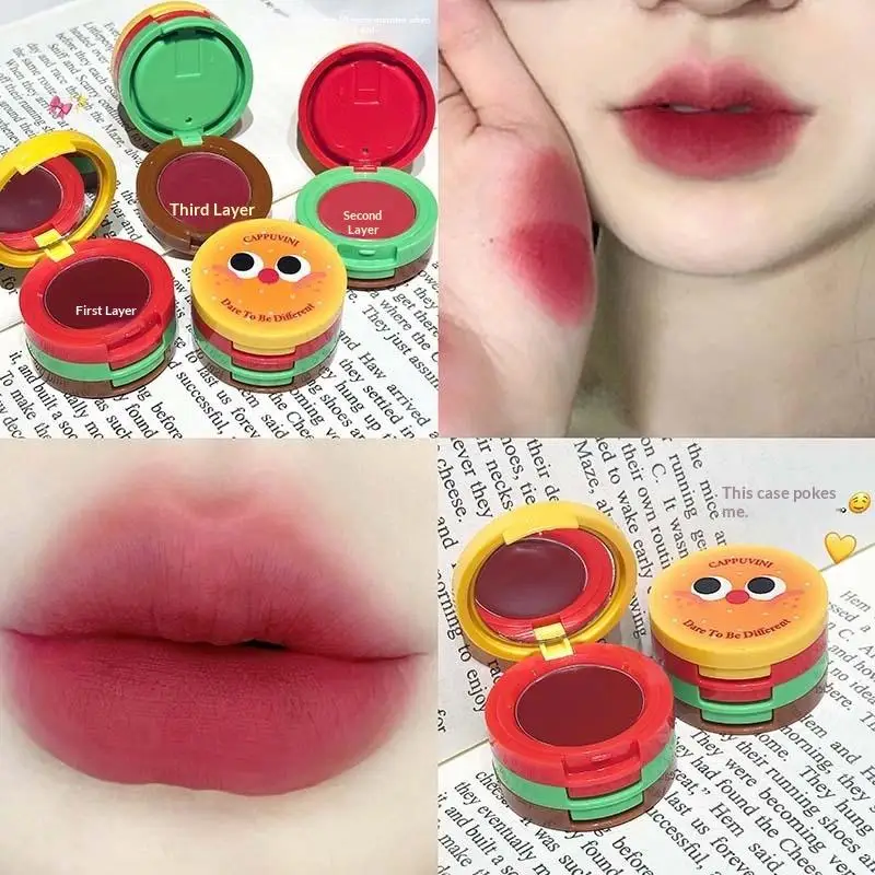 Cappuvini Three Layer Velvet Lip Mousse Matte Butter Long-Lasting Non-Drying Cute Hamburger Design Compact And Portable