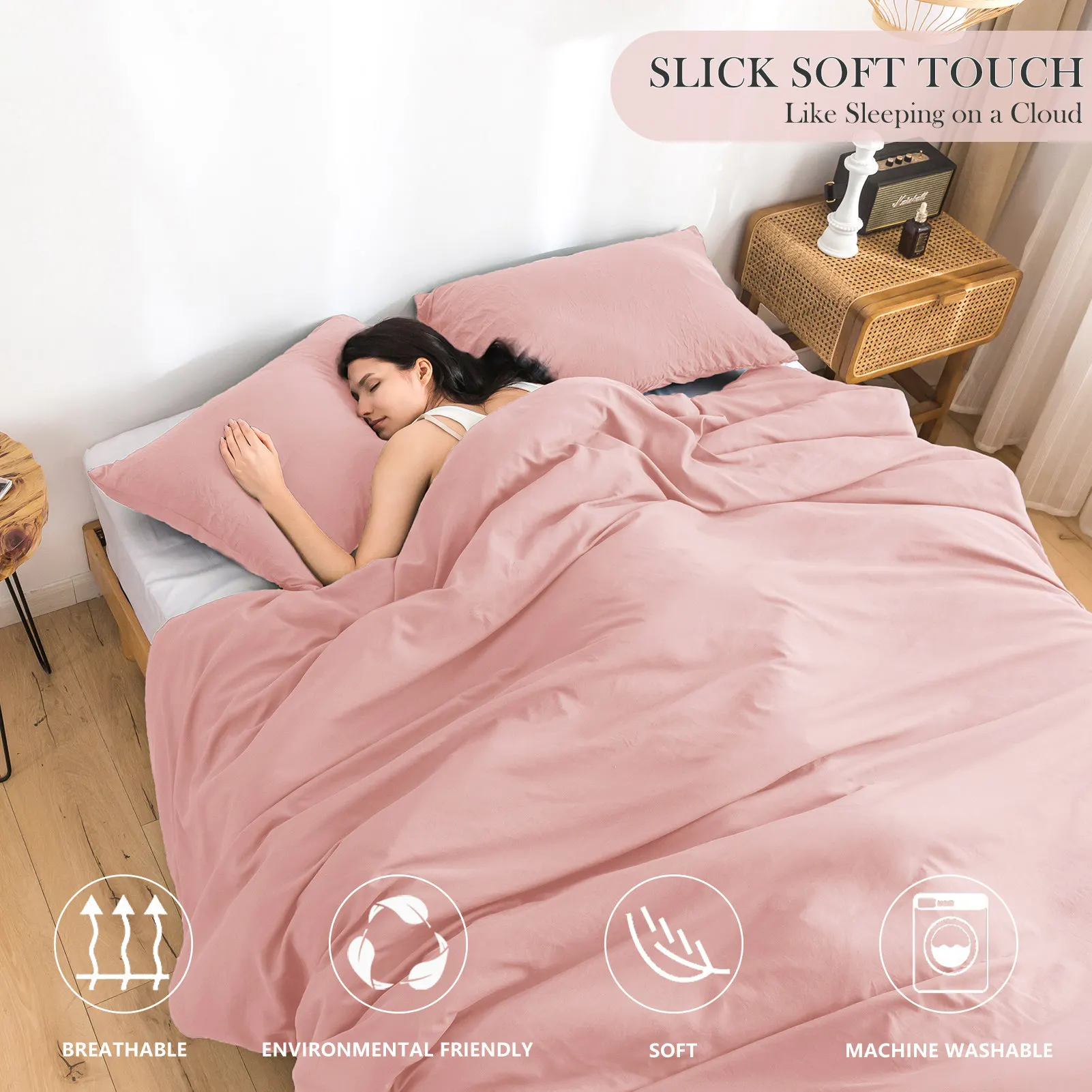 Blush Pink Poly Cotton Bedding Comfort Sets,Comfortable Washed Cotton,TwinSize,Suitable for single beds in girls' dormitories.