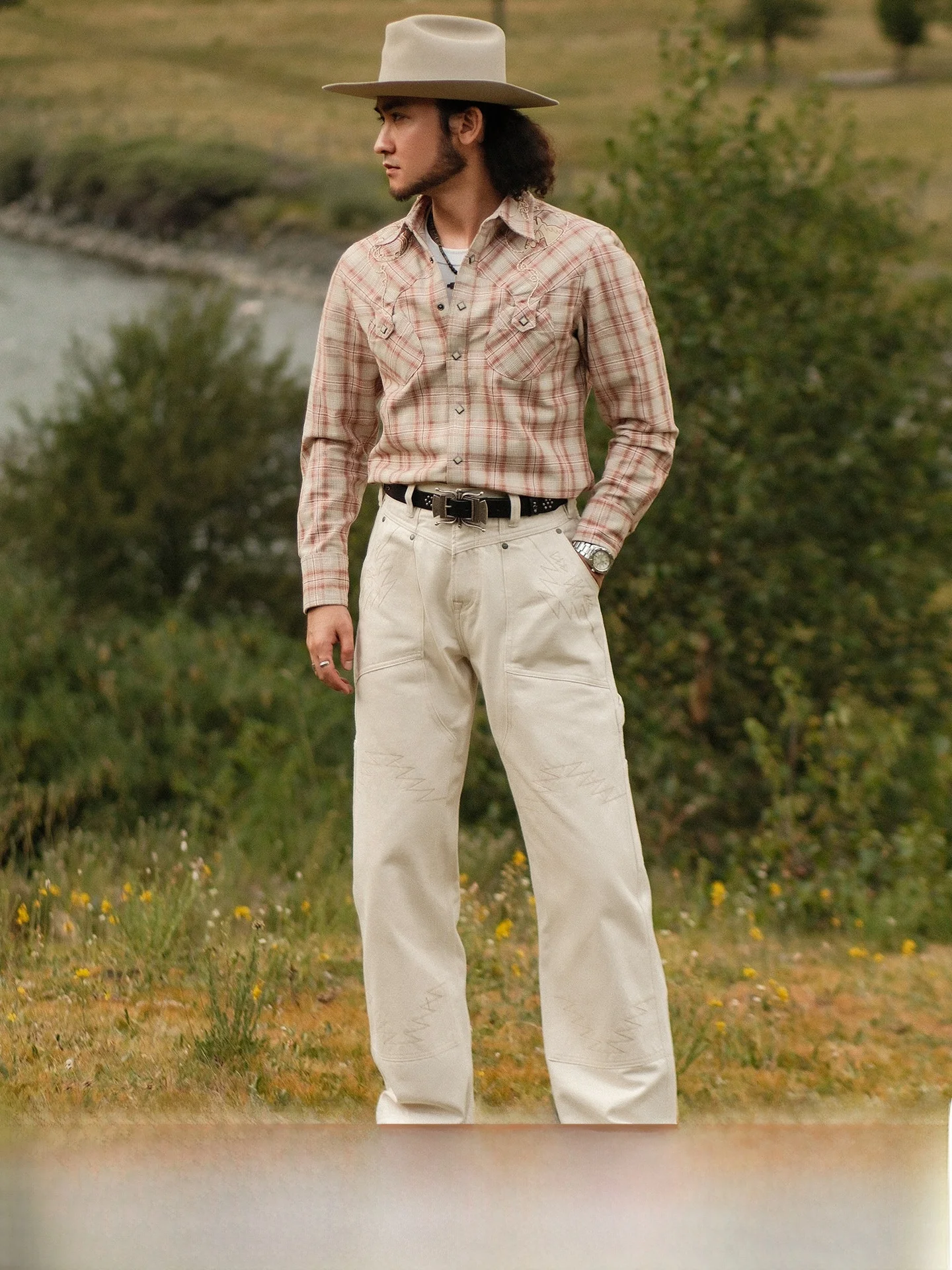 

Indian Aztec Totem 4OZ White Cotton Embroidered Loggers Pants High Waist Straight Leg Loose Fit Youthful ular Daily Wear