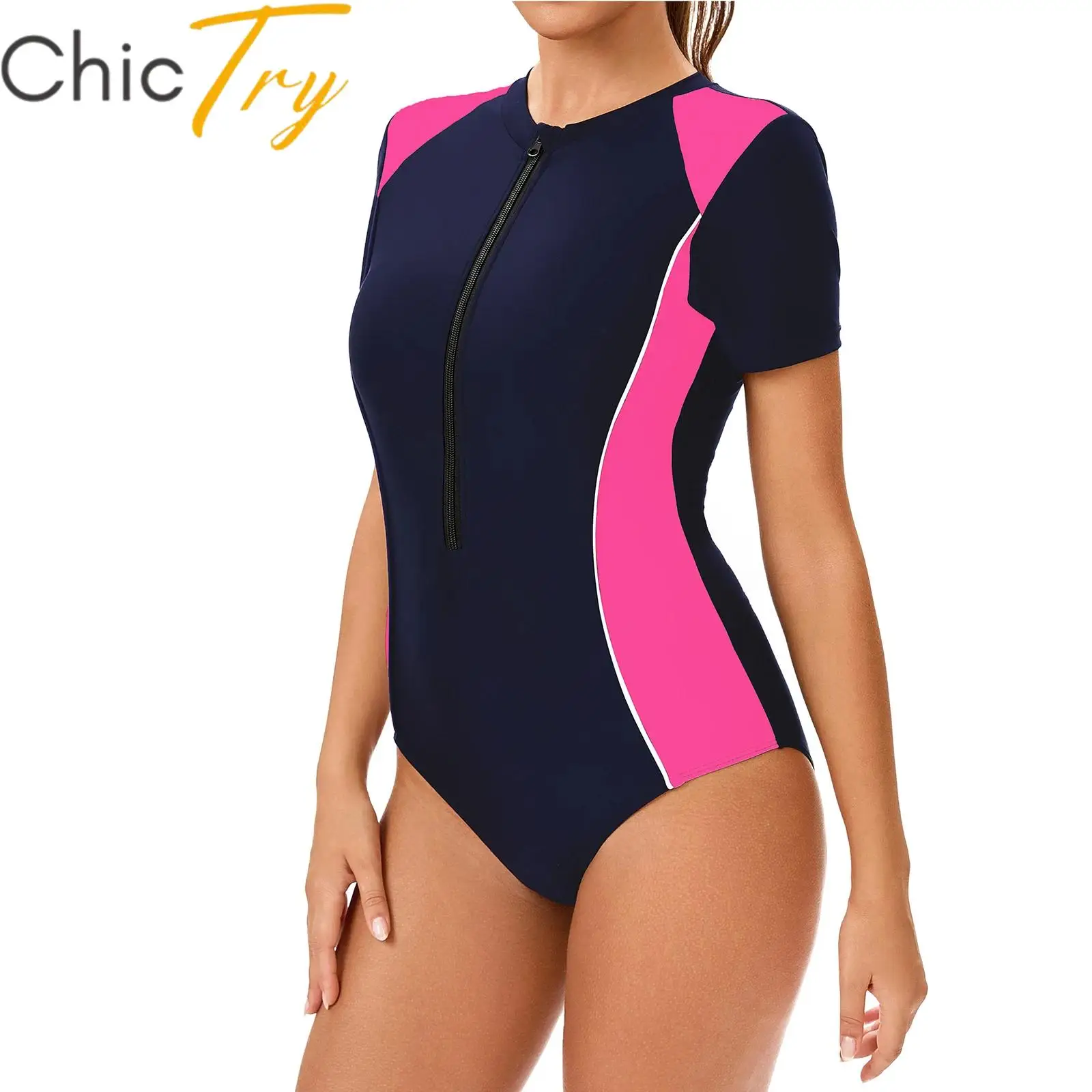 

Womens One-Piece Swimsuit Short Sleeve Front Zipper Swim Leotard Swimwear Surfing Beach Bathing Suit with Removable Chest Pads