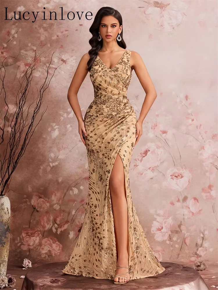 

Lucyinlove Elegant Slit Evening Dress 2025 Women Long Mermaid Formal Sequrins Sexy V-neck Caicktail Wedding Party Prom Dresses