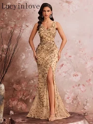 Lucyinlove-vestido de noche elegante con abertura para mujer, vestido largo Formal de sirena, sequins Sexy con cuello en V, vestidos de fiesta de boda y graduación, 2024