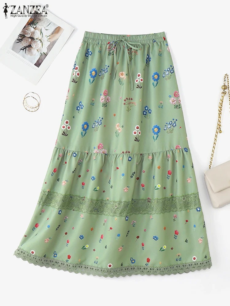 Zanzea moda feminina saias longas 2025 outono rendas babados floral impressão maxi bottoms cintura elástica jupes boêmio faldas saia