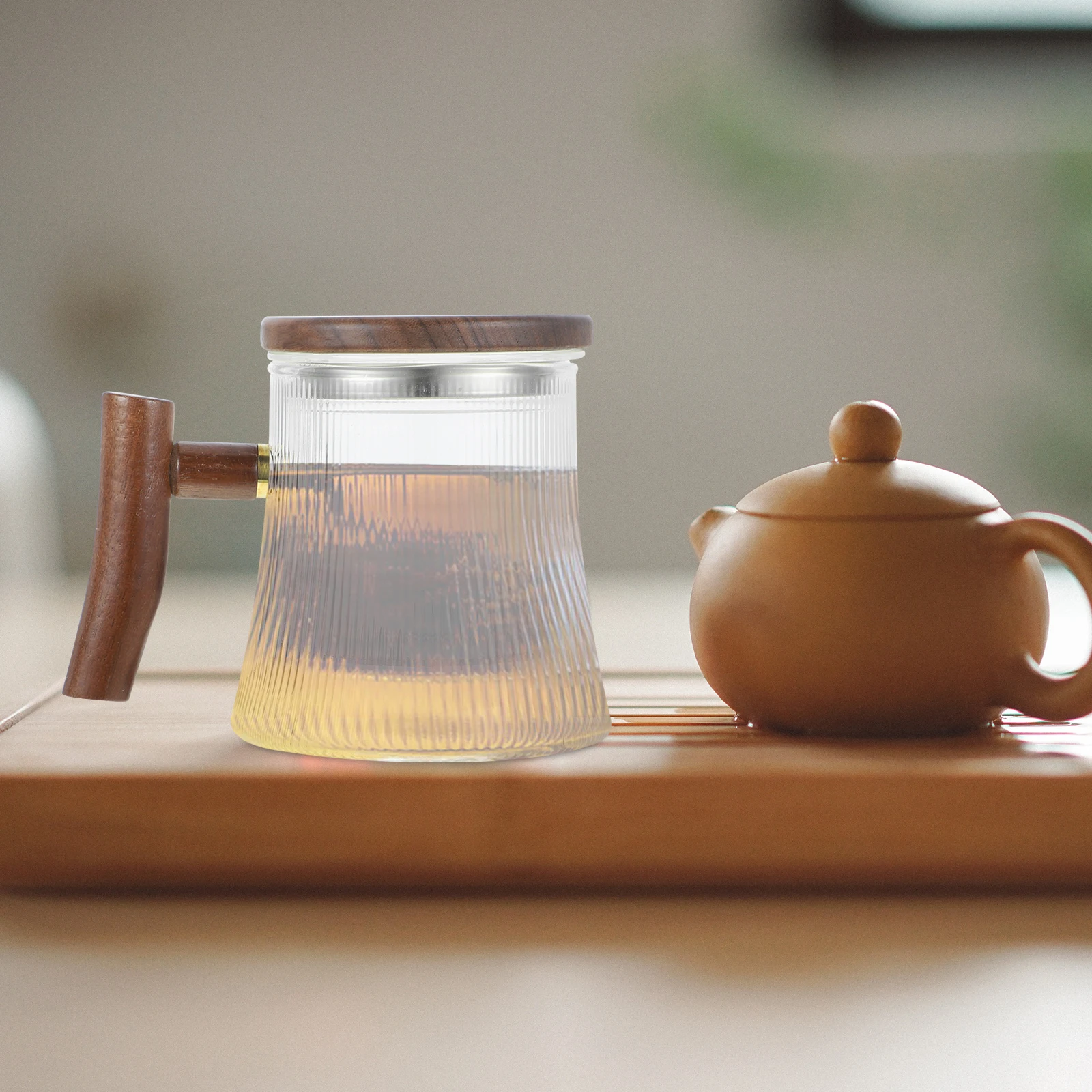 

Glass Tea Cup Infuser Vertical Pattern Clear Cups Heat Resistant Office Superior Quality Striped Wooden Handle Loose Leaves