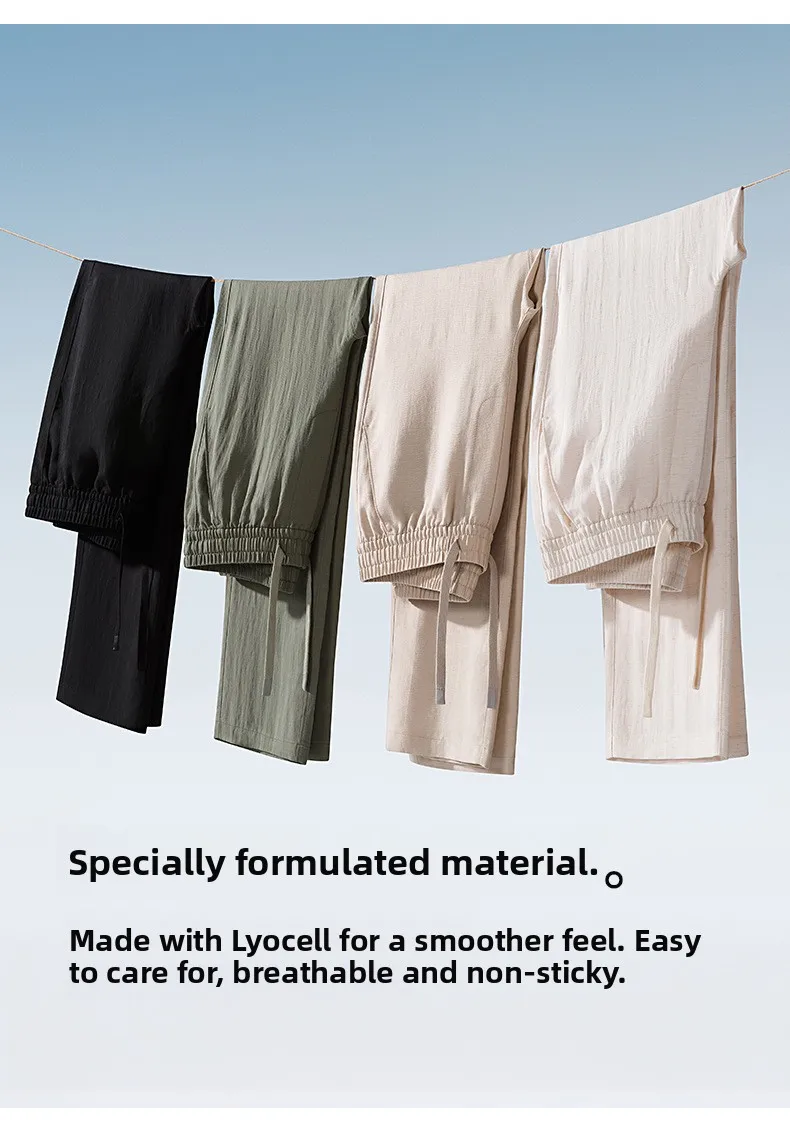 Bestseller Herren Leinen-Lyocell-Hose Sommer Dünn Weich Atmungsaktiv Lässig Cool Gerade Einfache Lange Hose Schwarz Outdoor Alltag – Detail 7