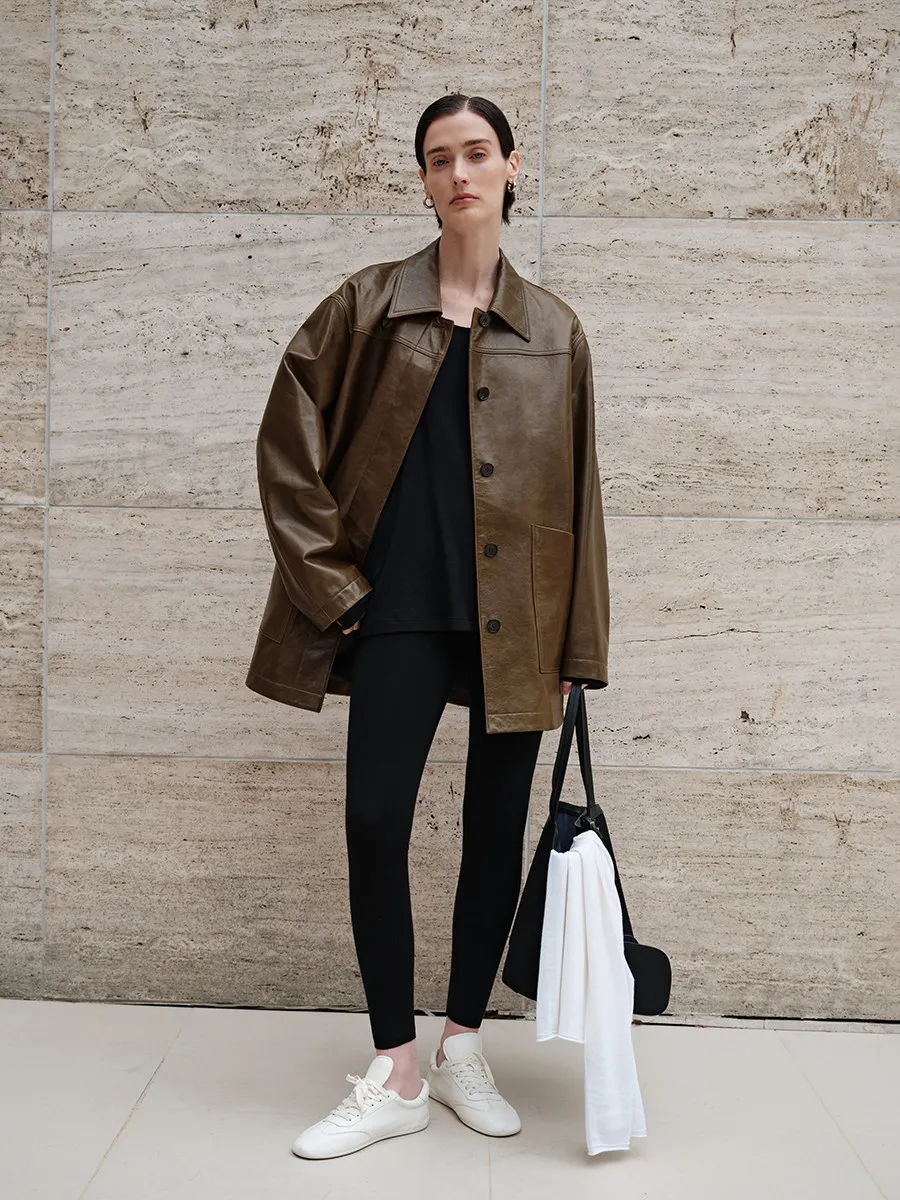 2026 autumn winter jacket women imported from the UK light wax vegetable tanned sheepskin Jil lapel silhouette medium and long l