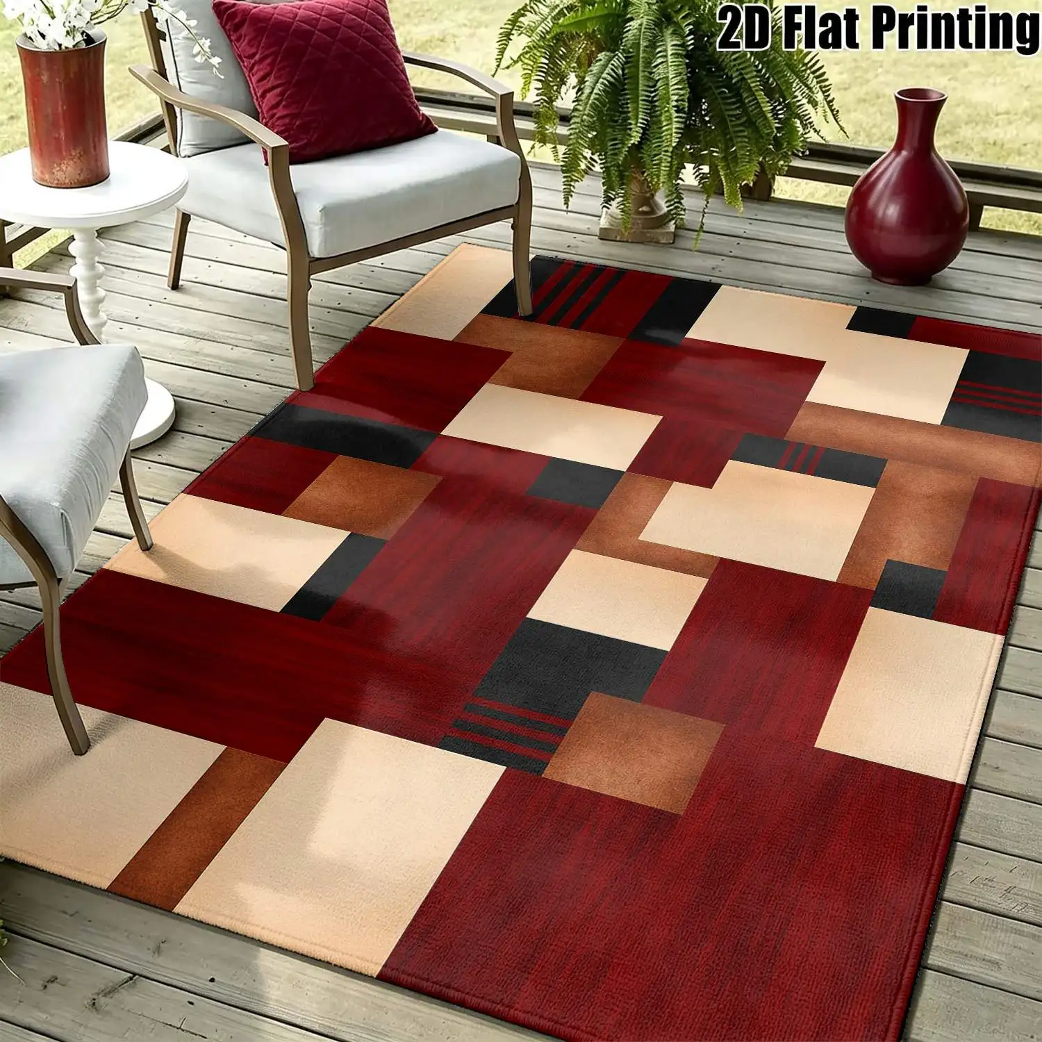 1Pc 2D Printed Geometric Square Carpet, Red Brown Black Modern Simple Style, Suitable for European Interiors, Home Decor, Multiple Sizes, Machine Washable, Multi-Scene Use