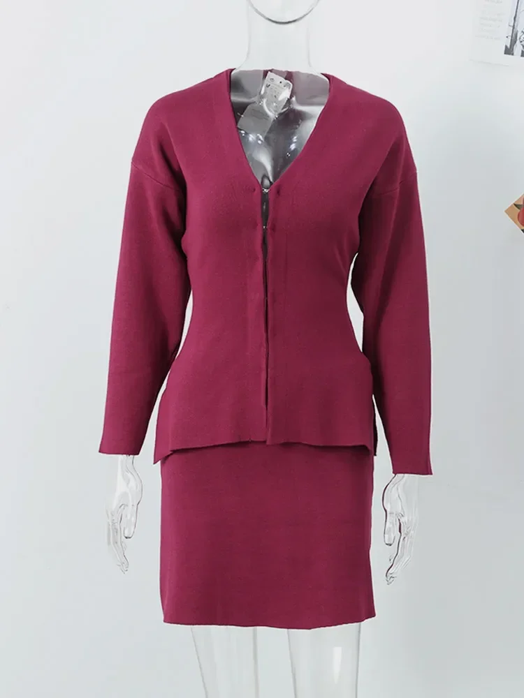 Cardigan de malha mini vestido conjunto senhoras vermelho escuro com decote em v manga longa camisola saia de cintura alta 2025 primavera feminino conjunto de duas peças