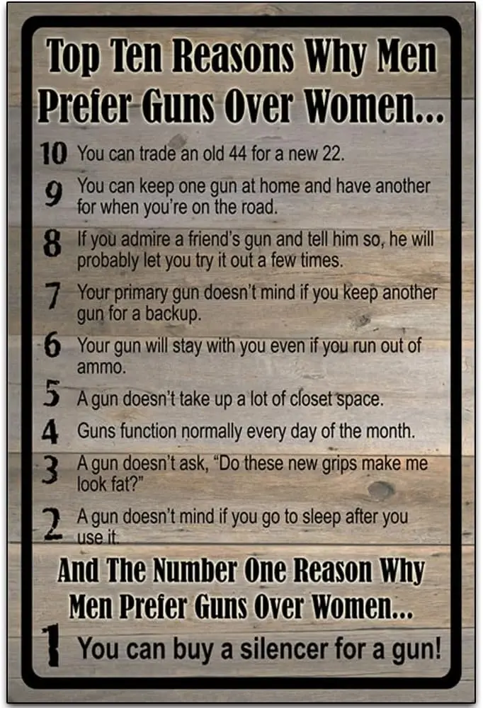 Top Ten Reasons Why Men Prefer Guns Over Women - Funny Retro Classic Art Wall Decoration - Garage Tin ​Metal Signs Artwork - Ori