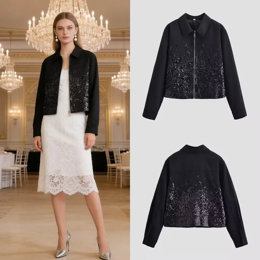 

Женская модная универсальная куртка, осенне-зимняя уличная простая куртка с лацканами и пайетками, повседневная однотонная верхняя одежда с длинными рукавами