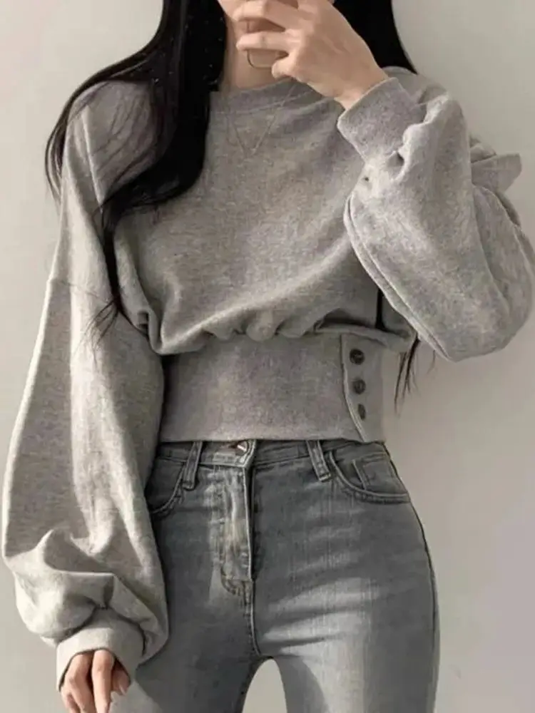 Waist Button Design Short Hoodie for Women Spring Autumn Thin Versatile Loose Slim Fit Headless Long Sleeve Round Neck Hoody