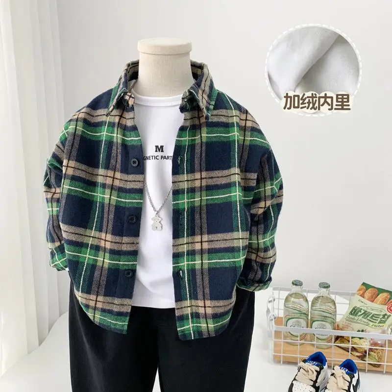 

Autumn Winter Baby Boys Shirts Cotton Plus Velvet Warm Plaid Casual Toddler Boys Shirts Warm Versatile Children Boys Shirts