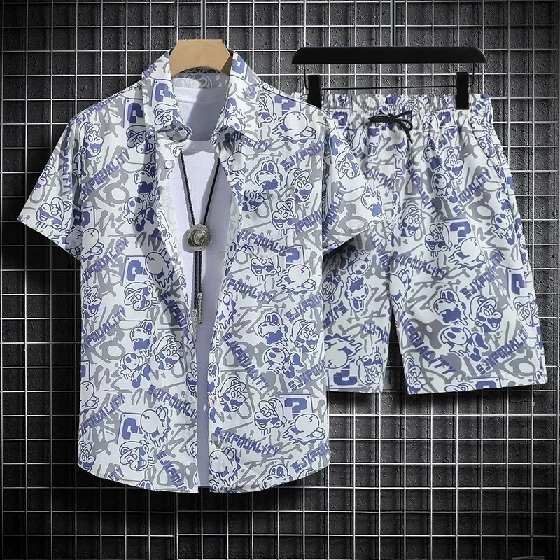 Hawaiian Beach Shirt Ensemble Men's Baggy Short-Sleeved Combo for Hainan Travel Vacation Cartoon Half-Sleeved Floral Shirt Tops