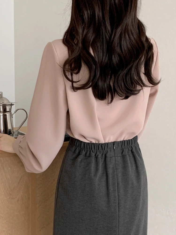 Spring Autumn Women Business Casual Solid Satin Shirts Long Sleeve Bow Vintage Chic Party Blouses Female Clothes Elegant Tops