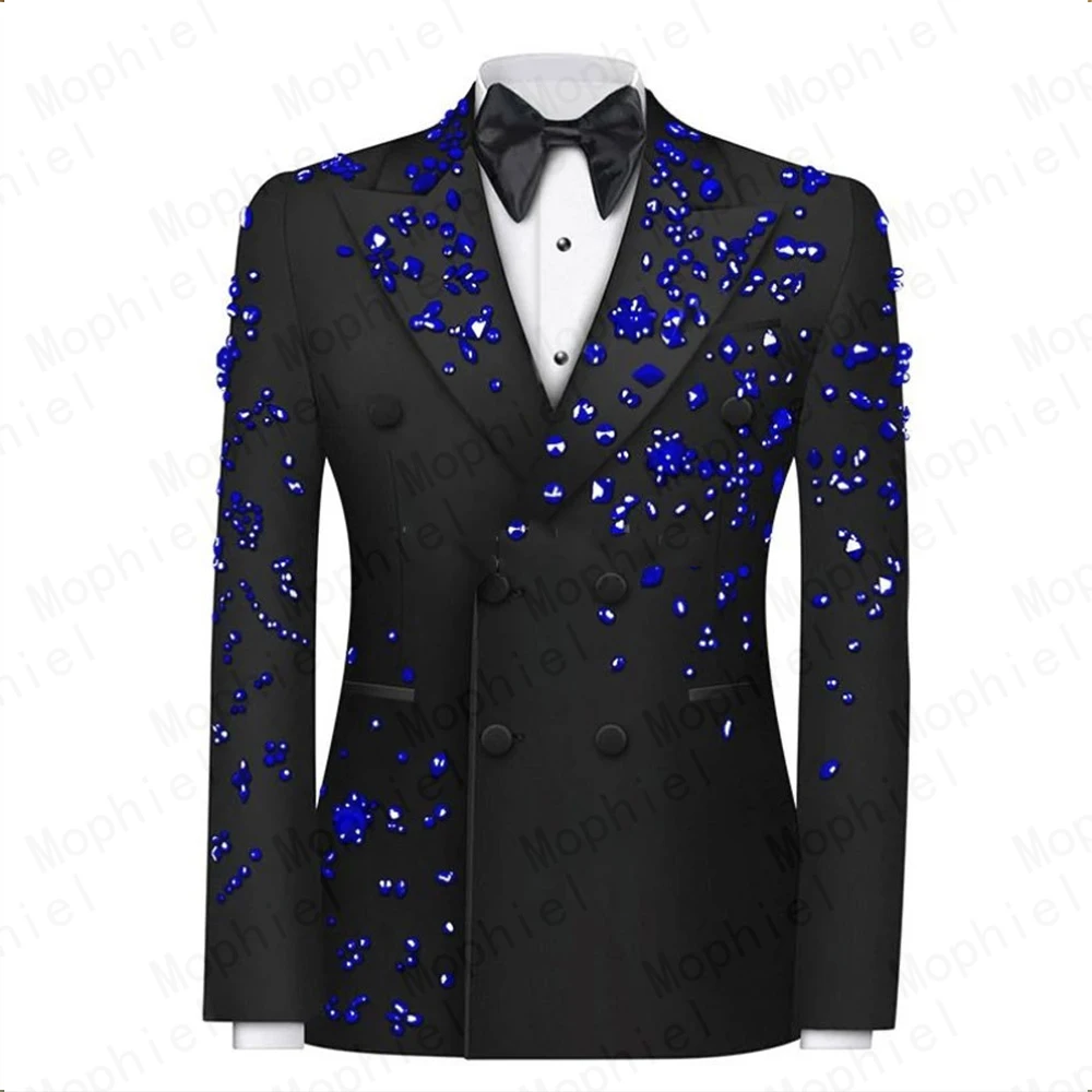 Mophiel Luxury Prom Men's Suits 2 Pieces Beaded Set Double Breasted Peaked Lapel for Wedding Party Tuxedo Slim Fit Customized