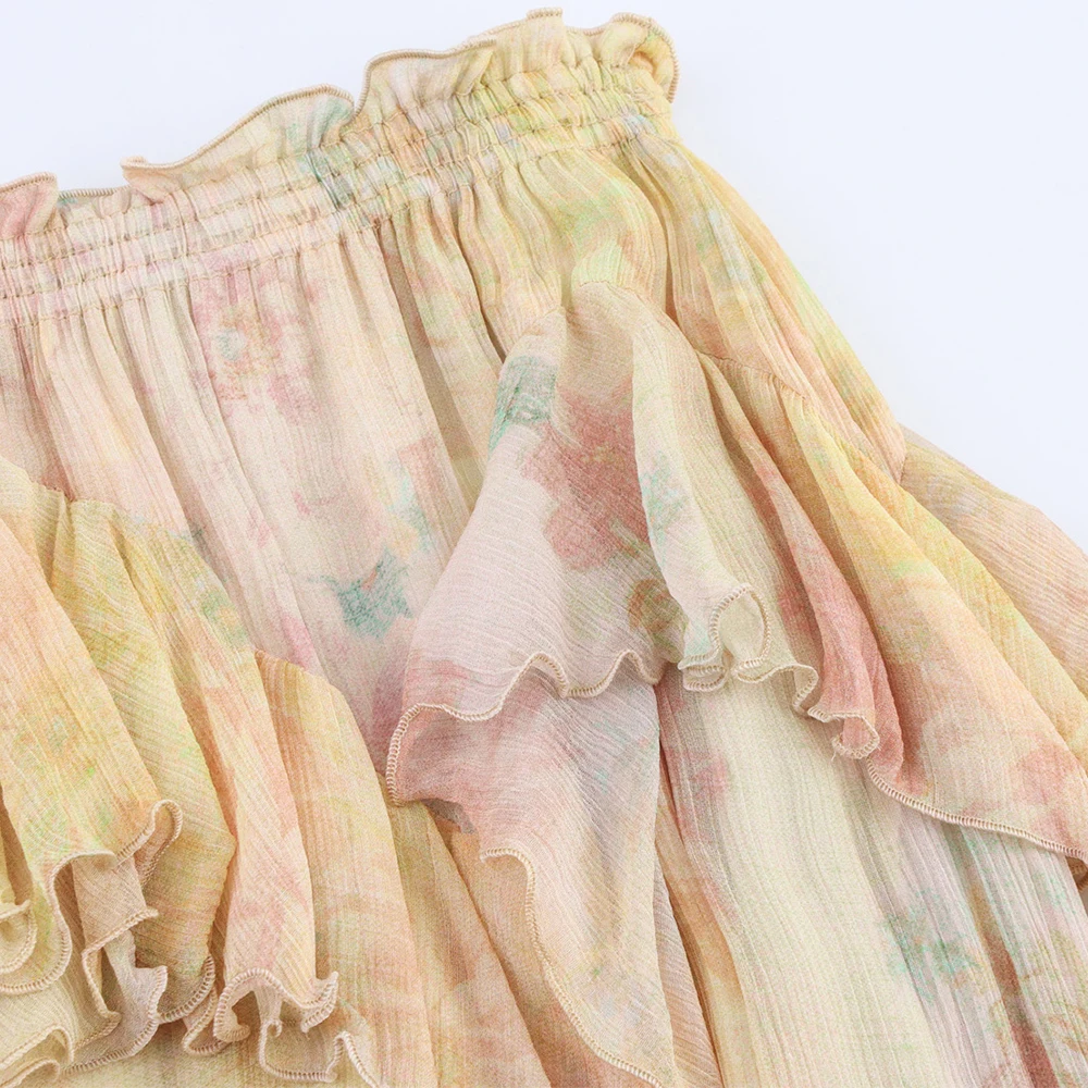 Women Summer Vintage Floral Printed Women Skirt Elegant Ruffle Hem Loose Irregular High Waist Midi Skirt Women Clothes 3694011