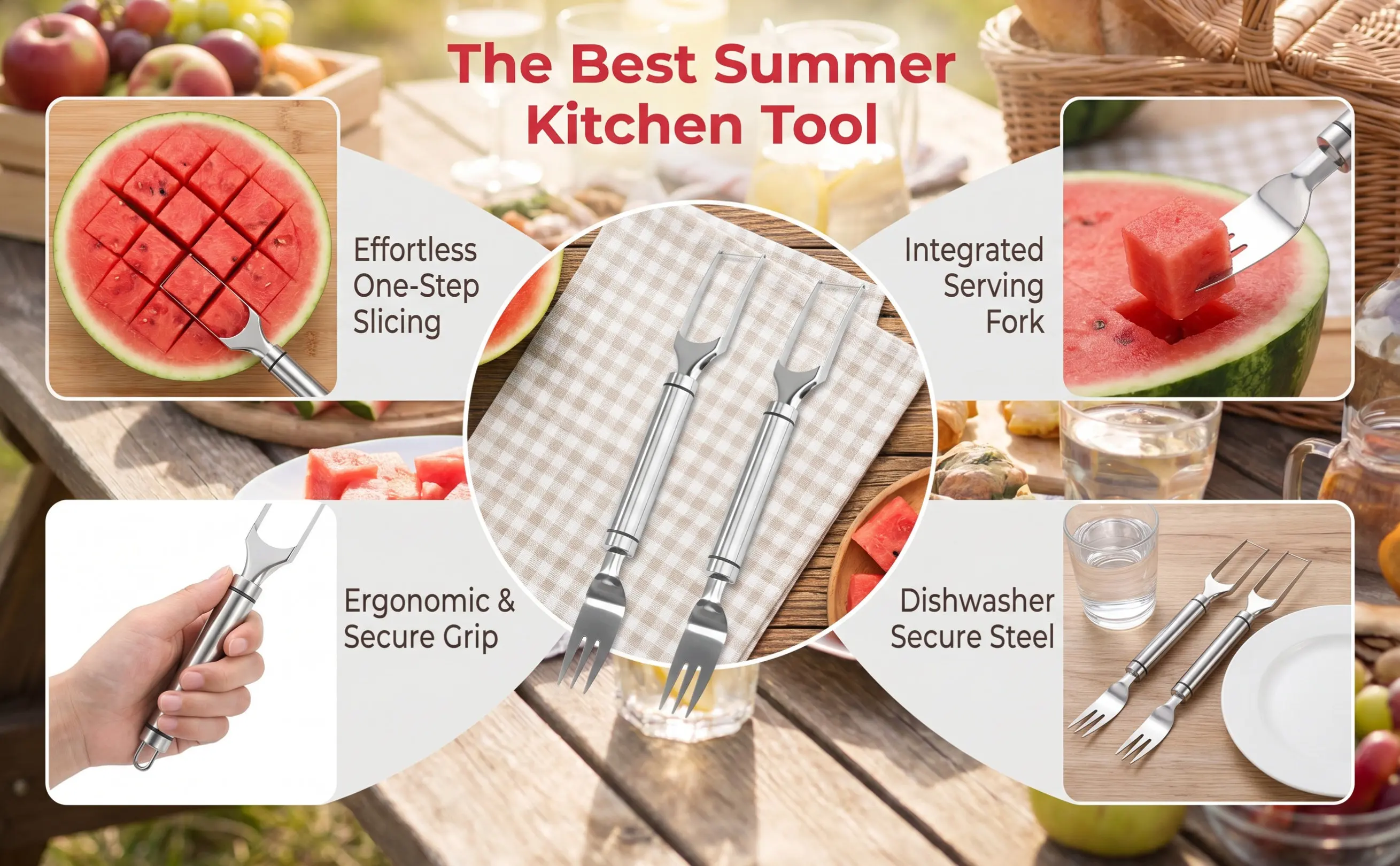 2Pcs Watermelon Fork Slicer Set Wear-Resistant Fruit Cutting Tool Makes Perfect Cubes Easy Home Use Kitchen Utensil Gift Idea