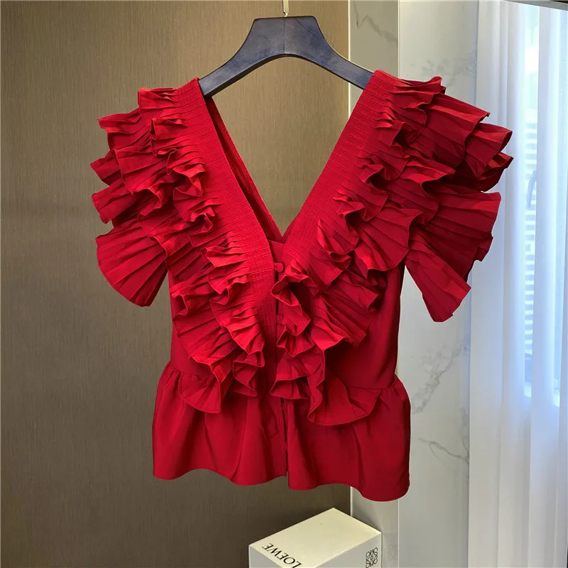 Summer Red Patchwork Ruffles Shirt V Neck Short Petal Sleeve Womens Blouses Elegant Sweet Ladies Cropped Tops Blusas De Mujer