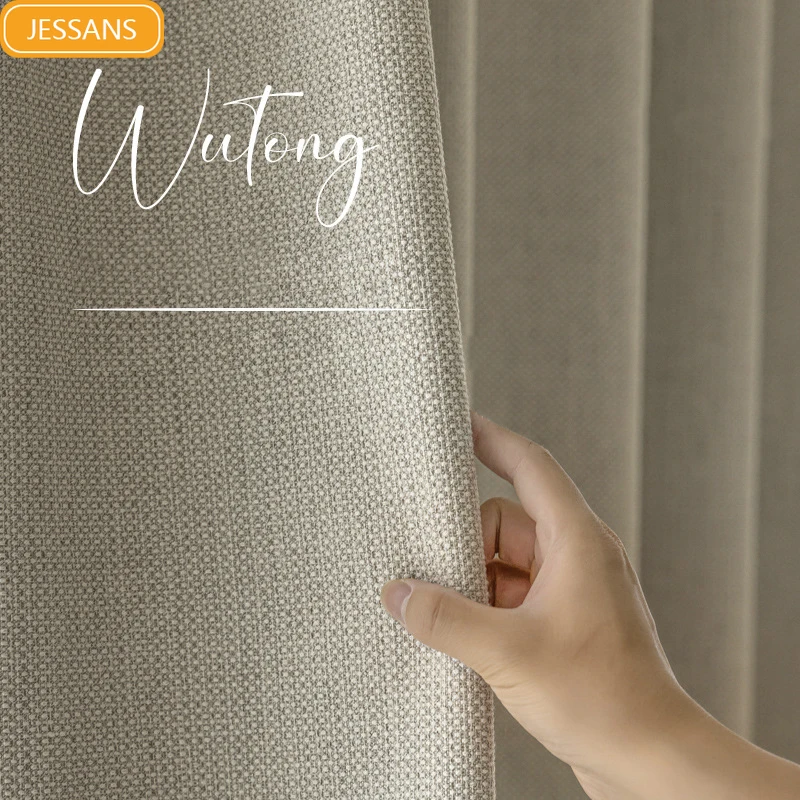 Customised Cotton Linen Jacquard Beige and White Thickened Blackout Soundproof Curtains for Living Room Bedroom Floor Windows