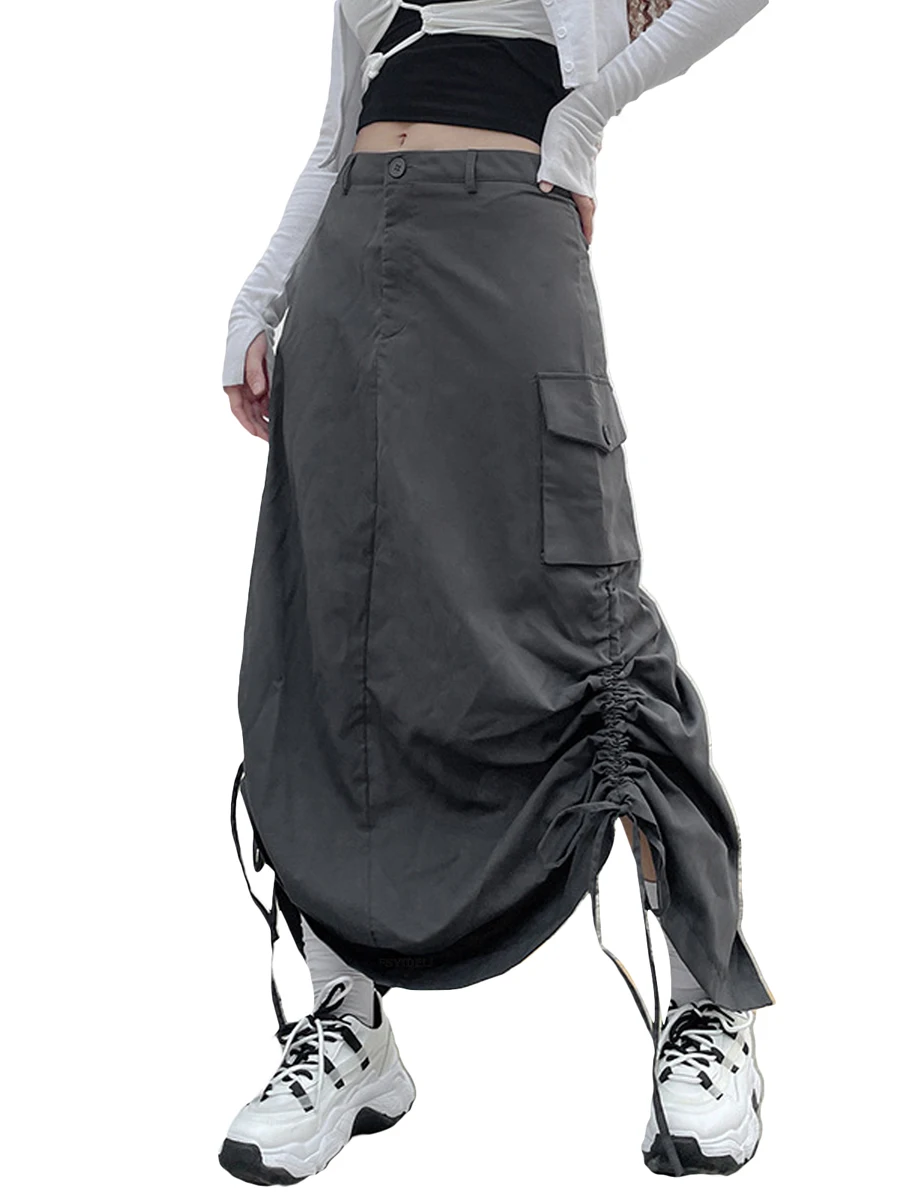 hirigin Retro Women Long Cargo Pocket Baggy Skirts Side Drawstring Low Rise Solid Pockets Hip Hop Straight Skirts Y2k Streetwear