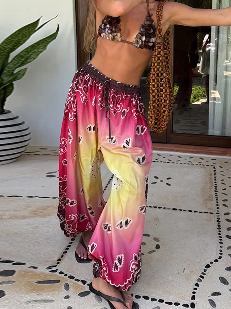 Loose Gradient Print Jogger Pants Women Elastic Drawstring Wide Leg Beach Holiday Trousers 2026 Summer Lady Boho New Outwears