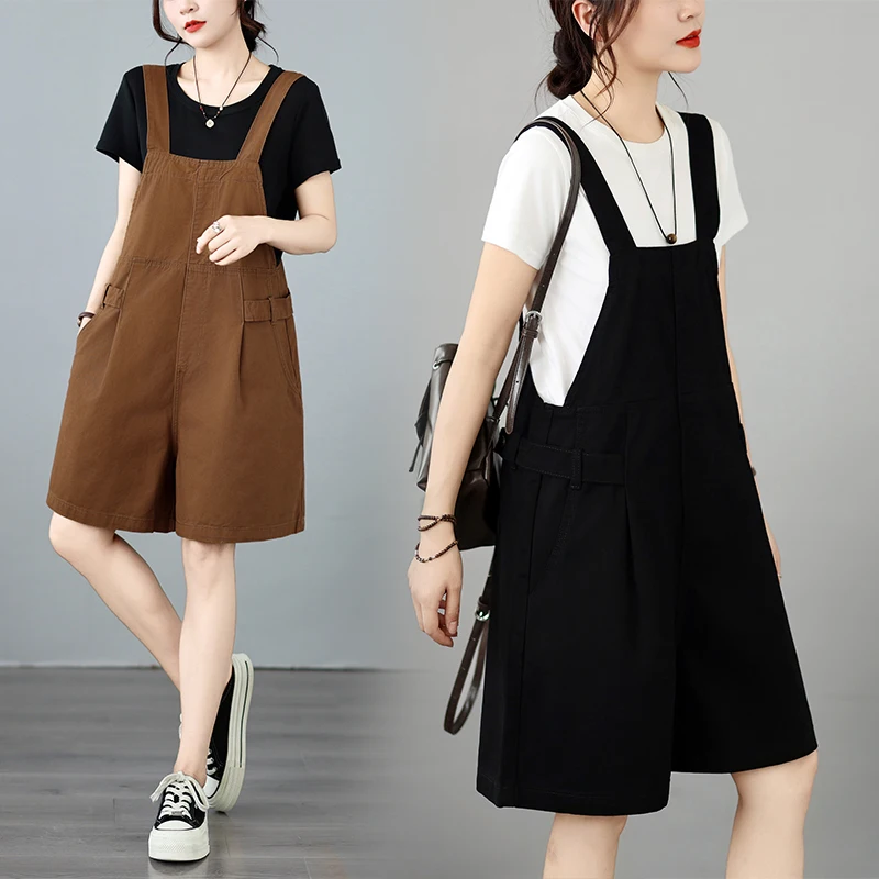 Casual Two-tone Workwear Strap Pants Loose Slimming Short Shorts Pure Color Slimming Buckle for plus Size Women Summer Cotton...