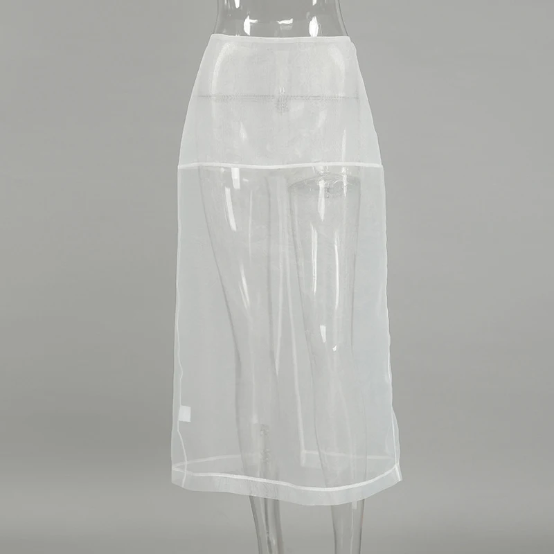 Sexy See Through Mesh Skirt Women White High Waist Slit Loose Long Skirts 2025 Summer Street Fashion Club Party Skirt Woman