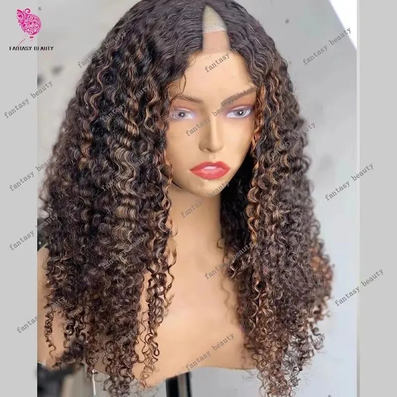Peluca Afro Rizada con Reflejos Dorados, Cabello Humano 100%, Ondas de Agua, Ombre Marrón Castaño, Peluca Completa en Forma de U, 250% de Densidad