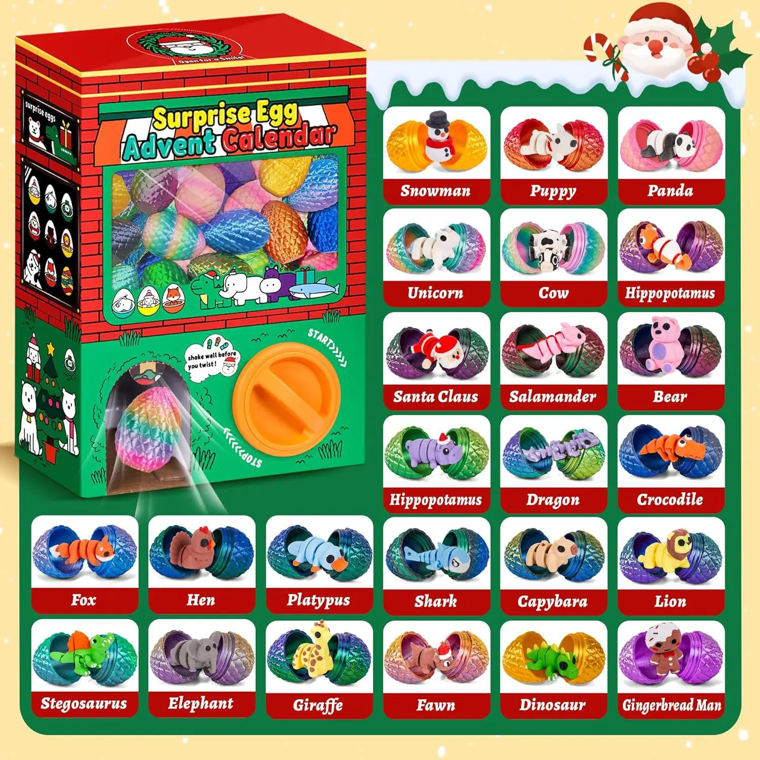 24pcs 3D Printed Surprise Egg Blind Box Fidget Toy Animal Stress Relief Sensory Toy Christmas Birthday Advent Calendar Box Gifts