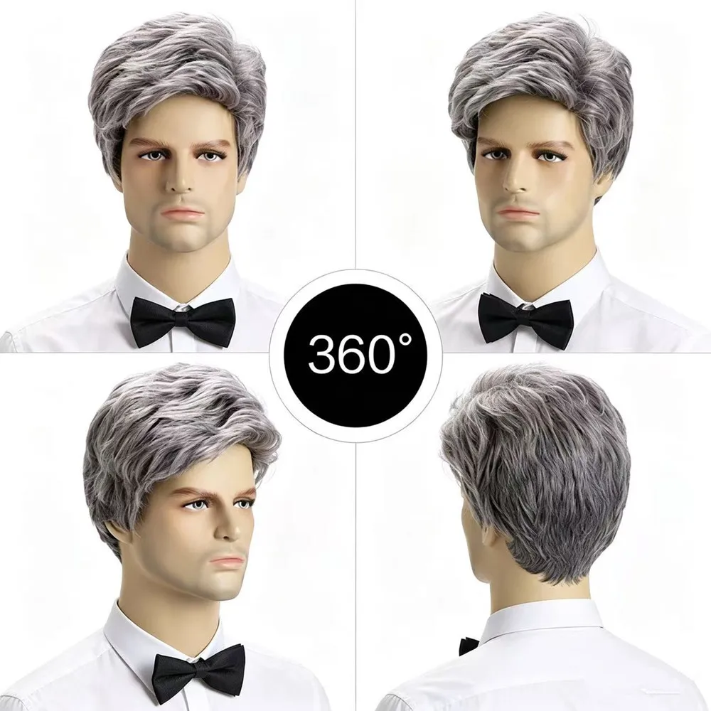 Men's Short Silver Gray Synthetic Wig Natural Layered Wavy Hair Wig for Men Daily Cosplay Party Halloween Costume