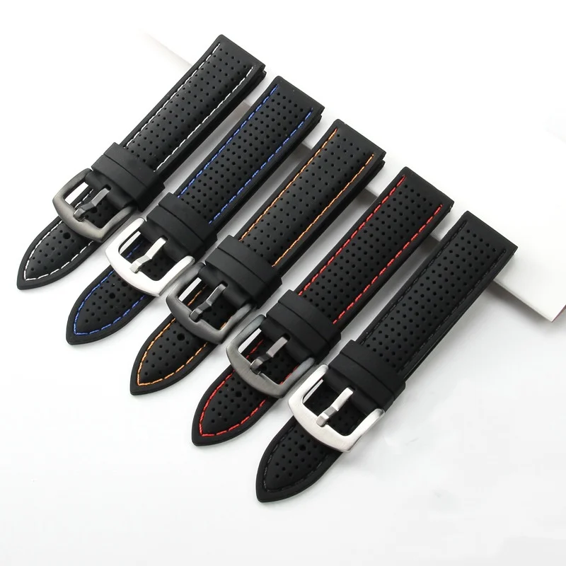 

20mm 22mm 24mm High Quality Black Breathable Silicone Watch Strap Replacement for Universal Sport Watch Band Bracelet Accessory