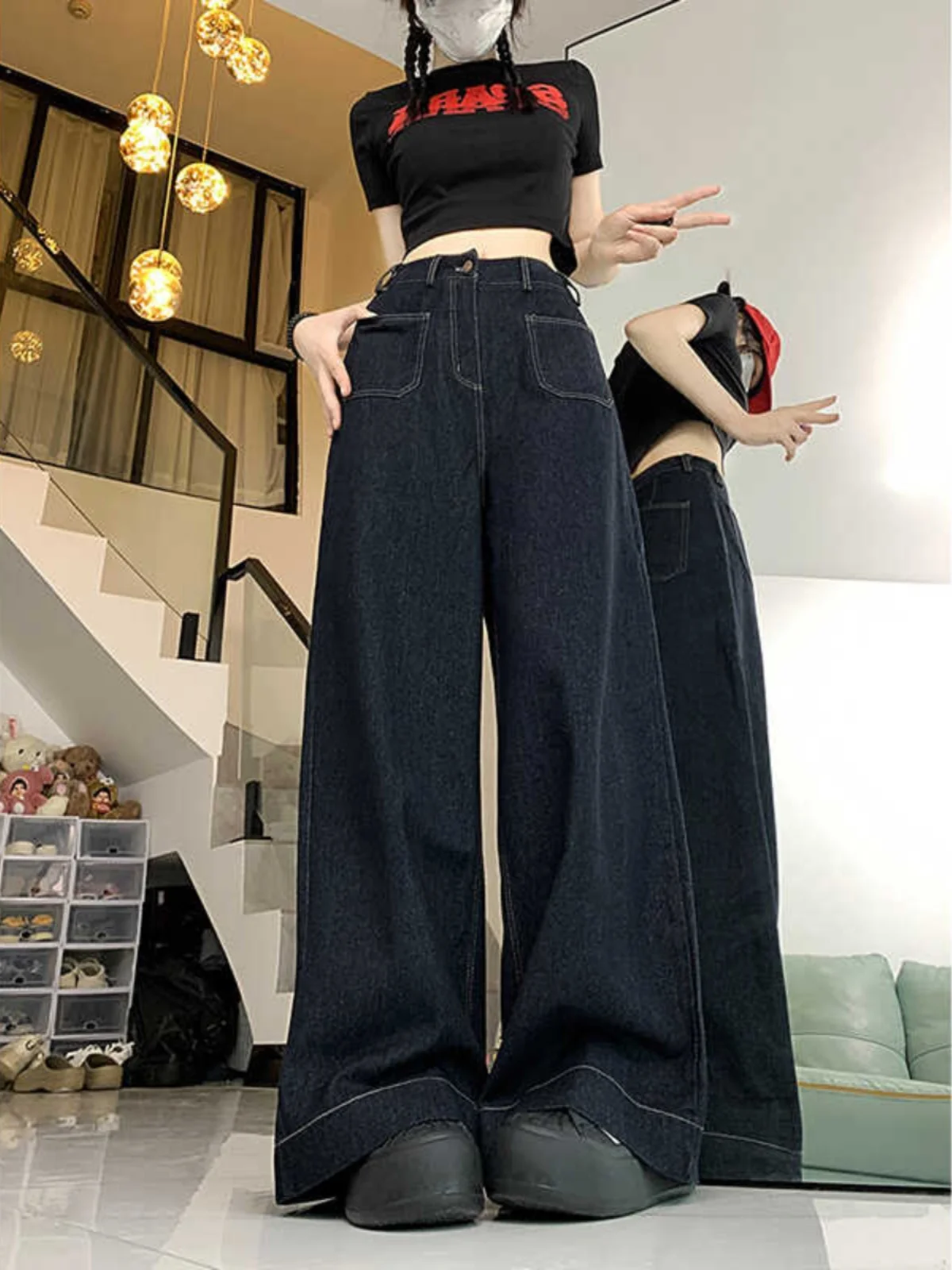 American Retro Wide Leg Denim Jeans Women's High Waist Loose Straight Floor-Length Pants Spring Autumn plus Size Slimming