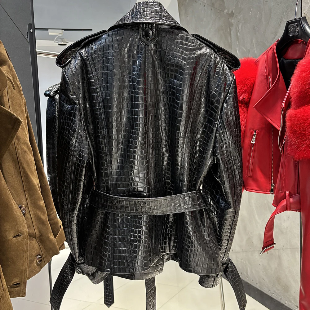 YOLOAgain Double Breasted Croc Pattern Leather Jacket Women 2026 Autumn New Genuine Leather Jacket Ladies