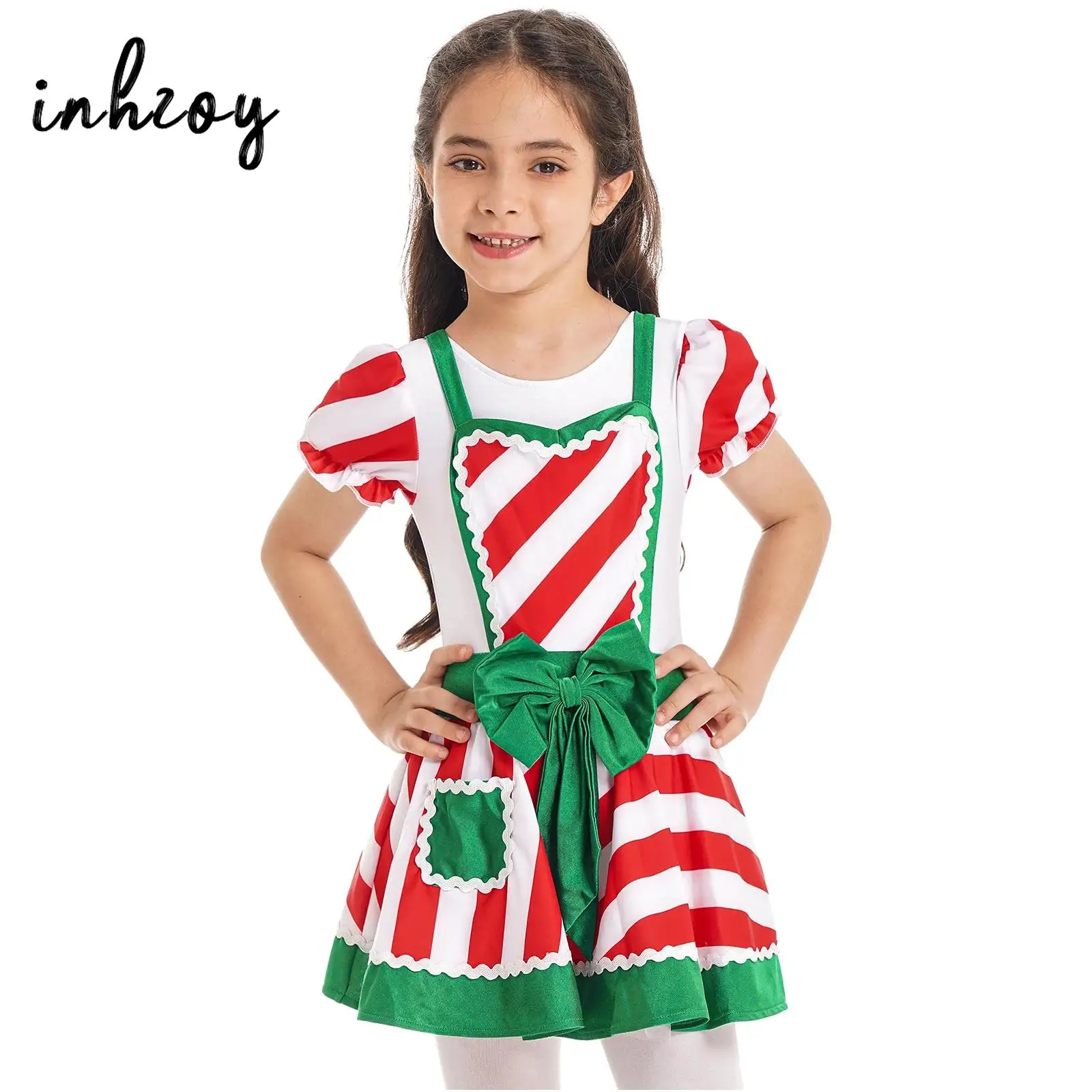 

Girls Christmas Party Gingerbread Man Costume Short Sleeve Stripes Bowknot Gingerbread Dress Holiday Cookie Cosplay Dress up