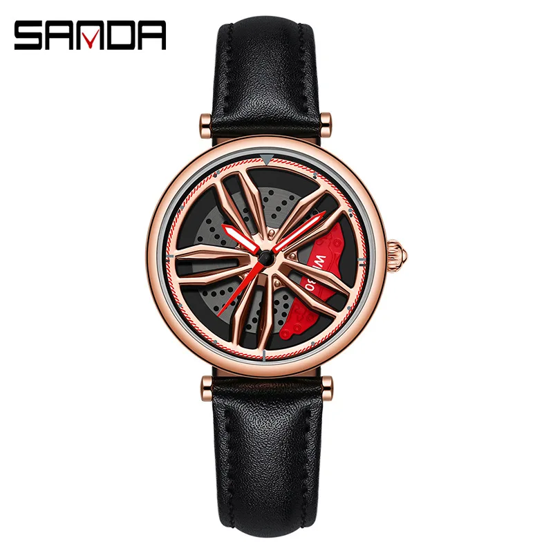 SANDA-Montre à quartz de sport à cadran de roue de voiture rotative à 1010 °, montres-bracelets étanches, bracelet en cuir décontracté, luxe, nouvelle mode, 1074, 360