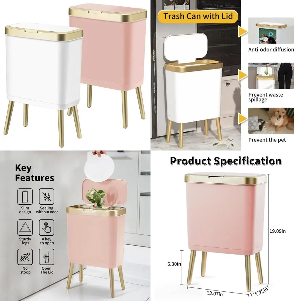 

Modern Pink Slim Waste Basket with Gold Edge, Ideal for Office and Bathroom, Stylish Trash Can for Bedroom Use