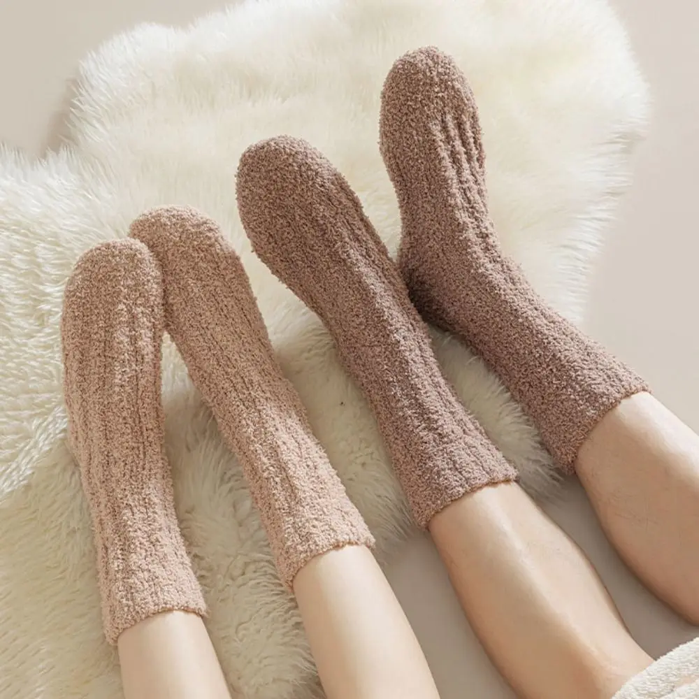 

4Pairs Kawaii Thickened Coral Fleece Socks Sleeping Simple Floor Plush Socks Winter Hosiery Mid Tube Socks Women Autumn