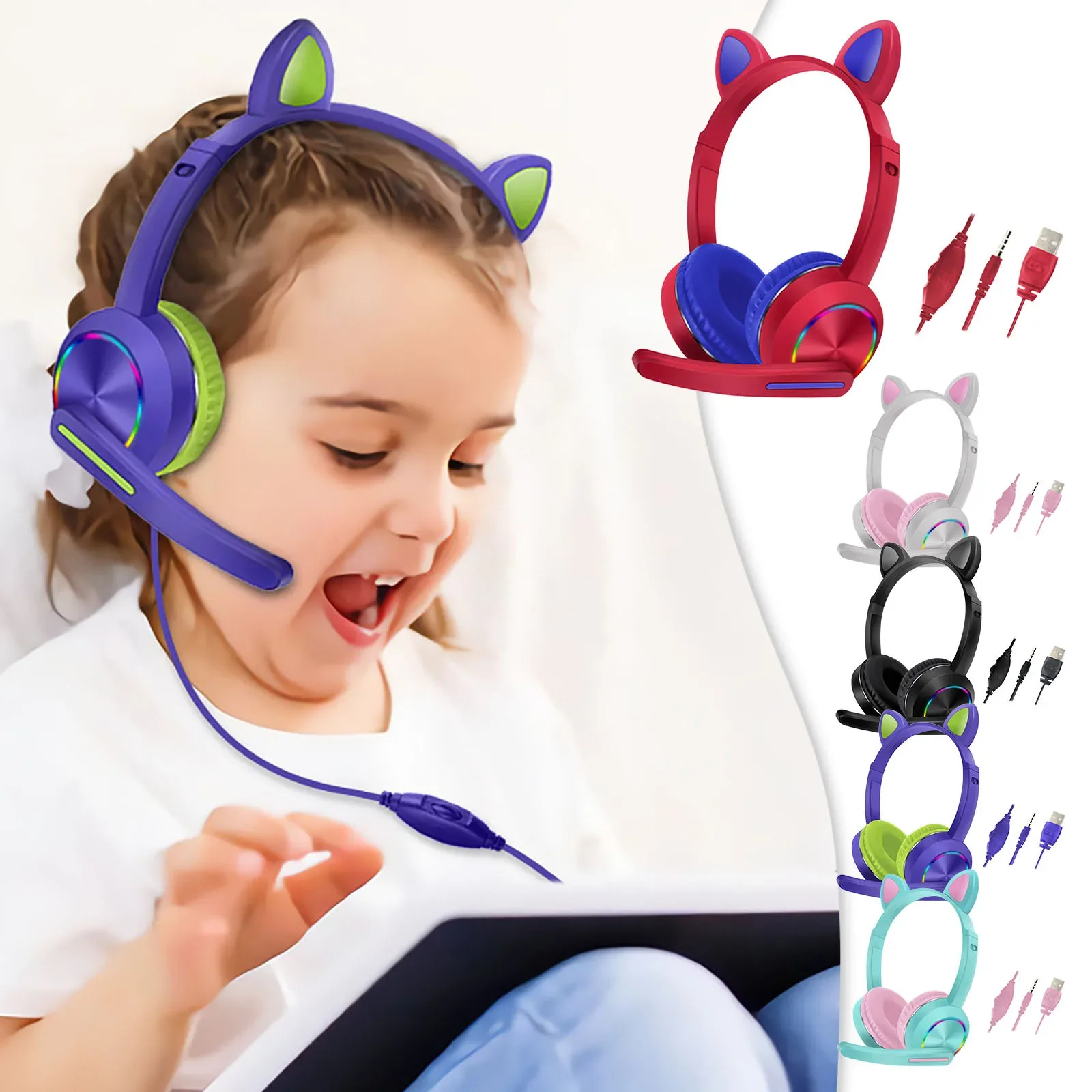 

2025 New RGB Luminous Cat Ear Kids Headphones Wired with Microphone Music Headsets Cute LED Lantern for Children's Earphones