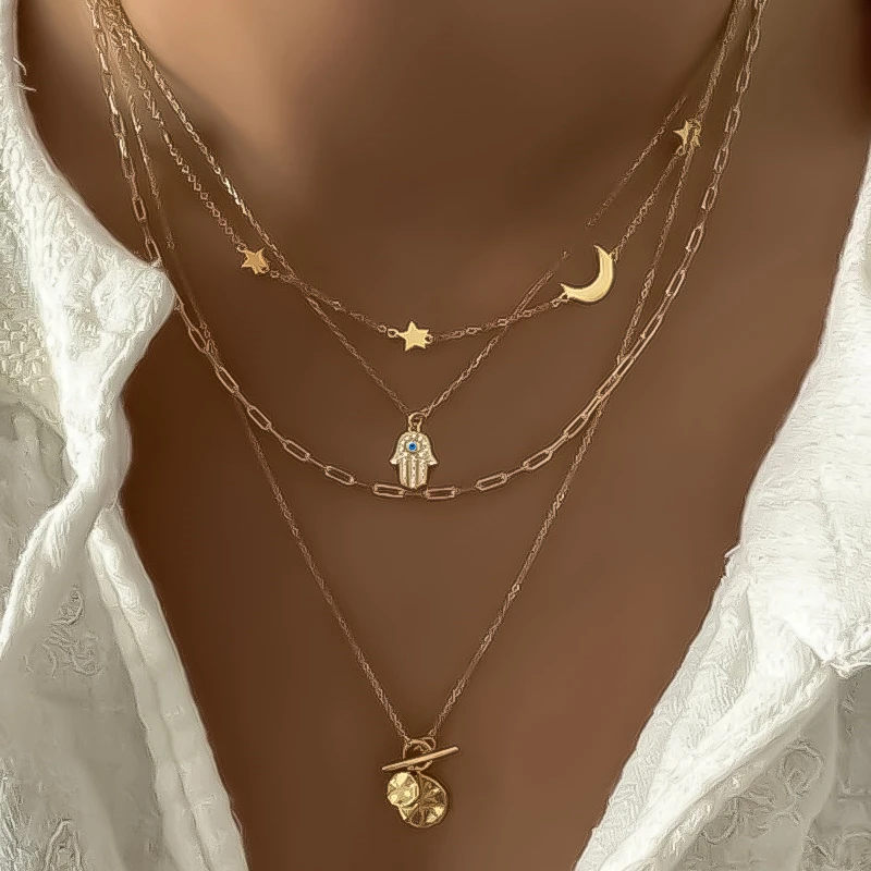 Bohemian Gold Color Multilayer Chain Necklaces For Women Vintage Evil Eye Palm Cross Pendant Choker Necklace Party Jewerly Gift