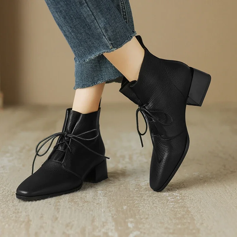 NEW Autumn Women Boots Square Toe Chunky Heel Boots Genuine Leather Shoes for Women Lace-up Ankle Boots Elegent Winter Boots