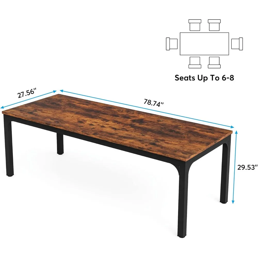 Large Rustic Industrial Style 78.7 Rectangle Wood Dining Table Seats 6-8, Narrow Design for Comfortable Dining