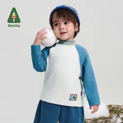 Amila Baby T-Shirt 2024 Winter New Boys Warm Skin-Friendly Soft Contrast Color Simple Basic Versatile Children‘s Long Sleeve